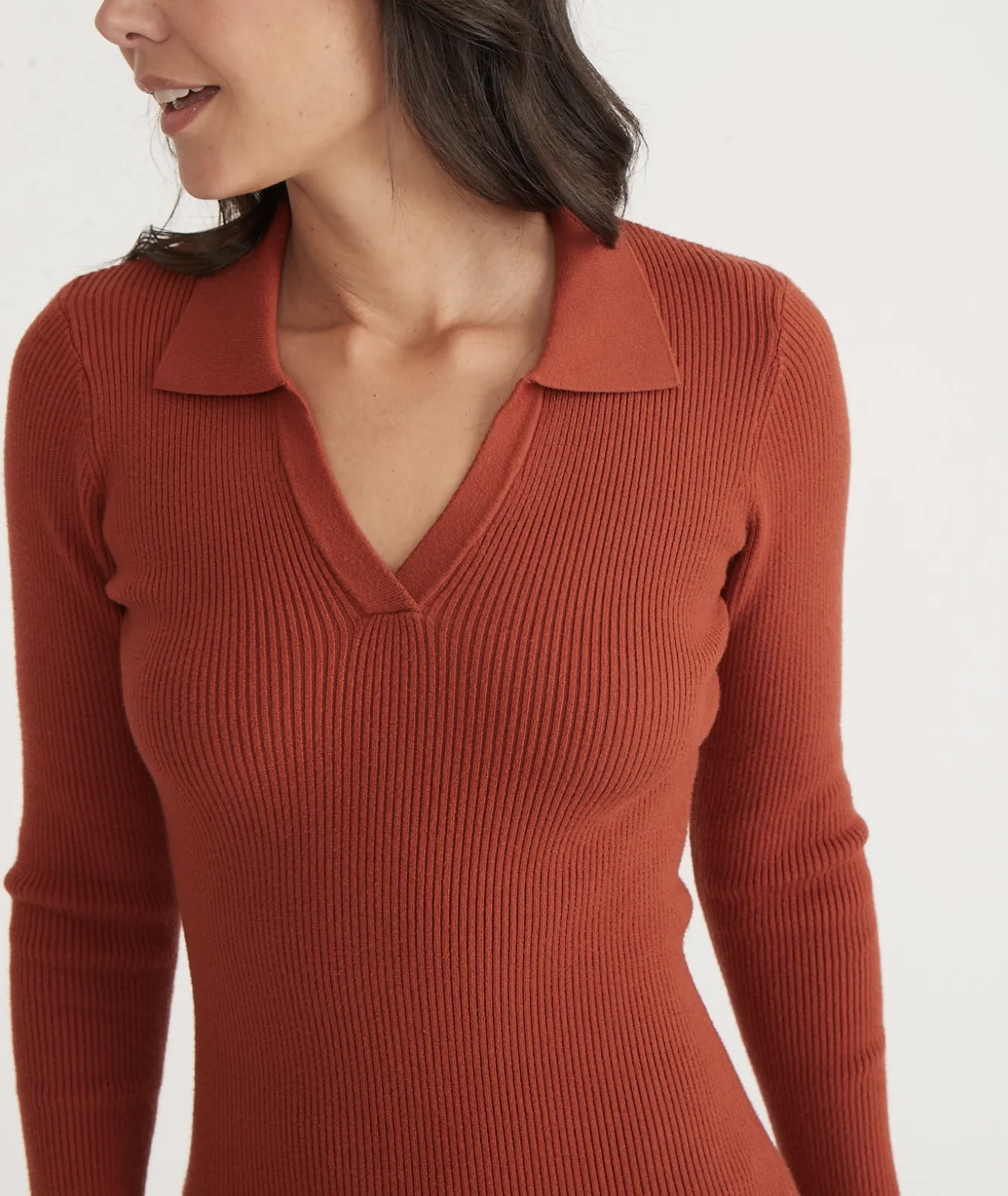 Lexi Rib Long Sleeve Sweater Polo Dress - Burnt Henna