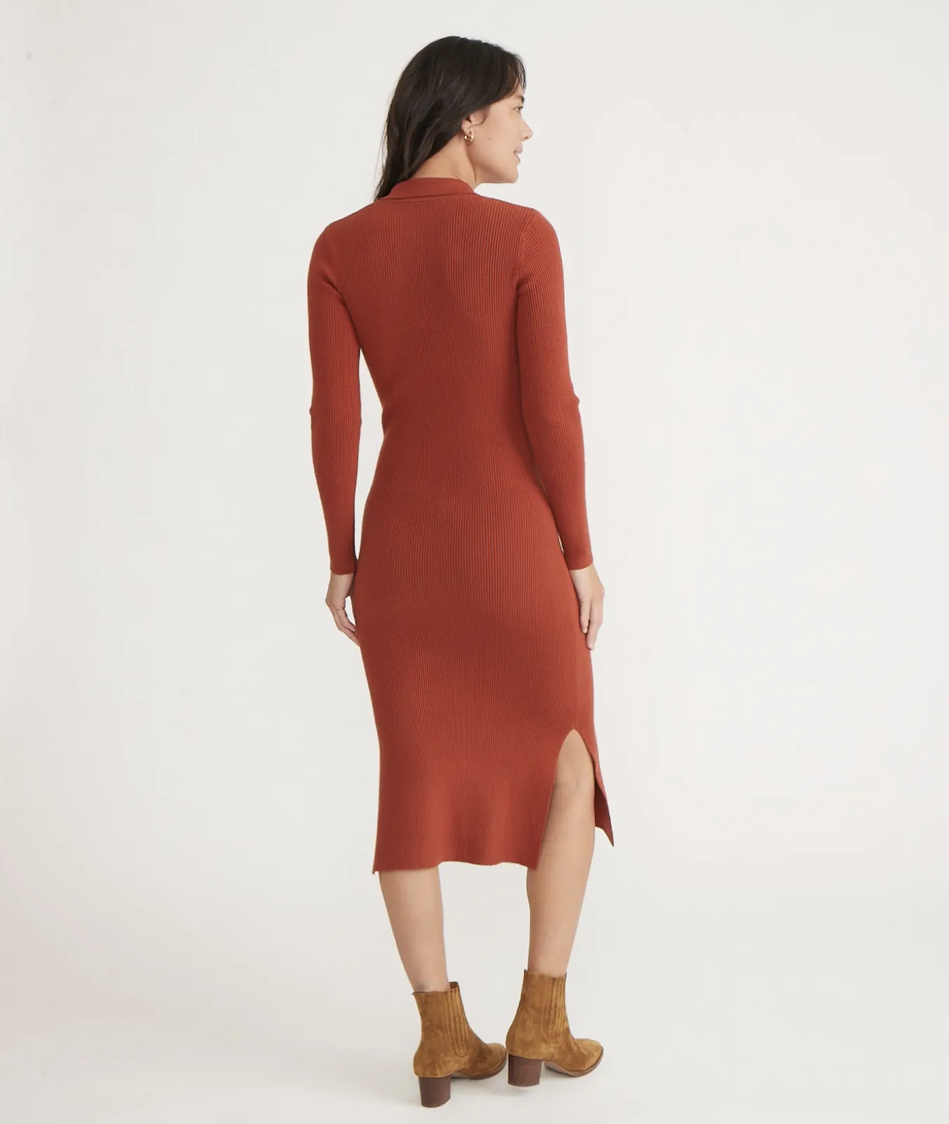 Lexi Rib Long Sleeve Sweater Polo Dress - Burnt Henna