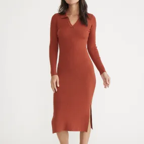 Lexi Rib Long Sleeve Sweater Polo Dress - Burnt Henna