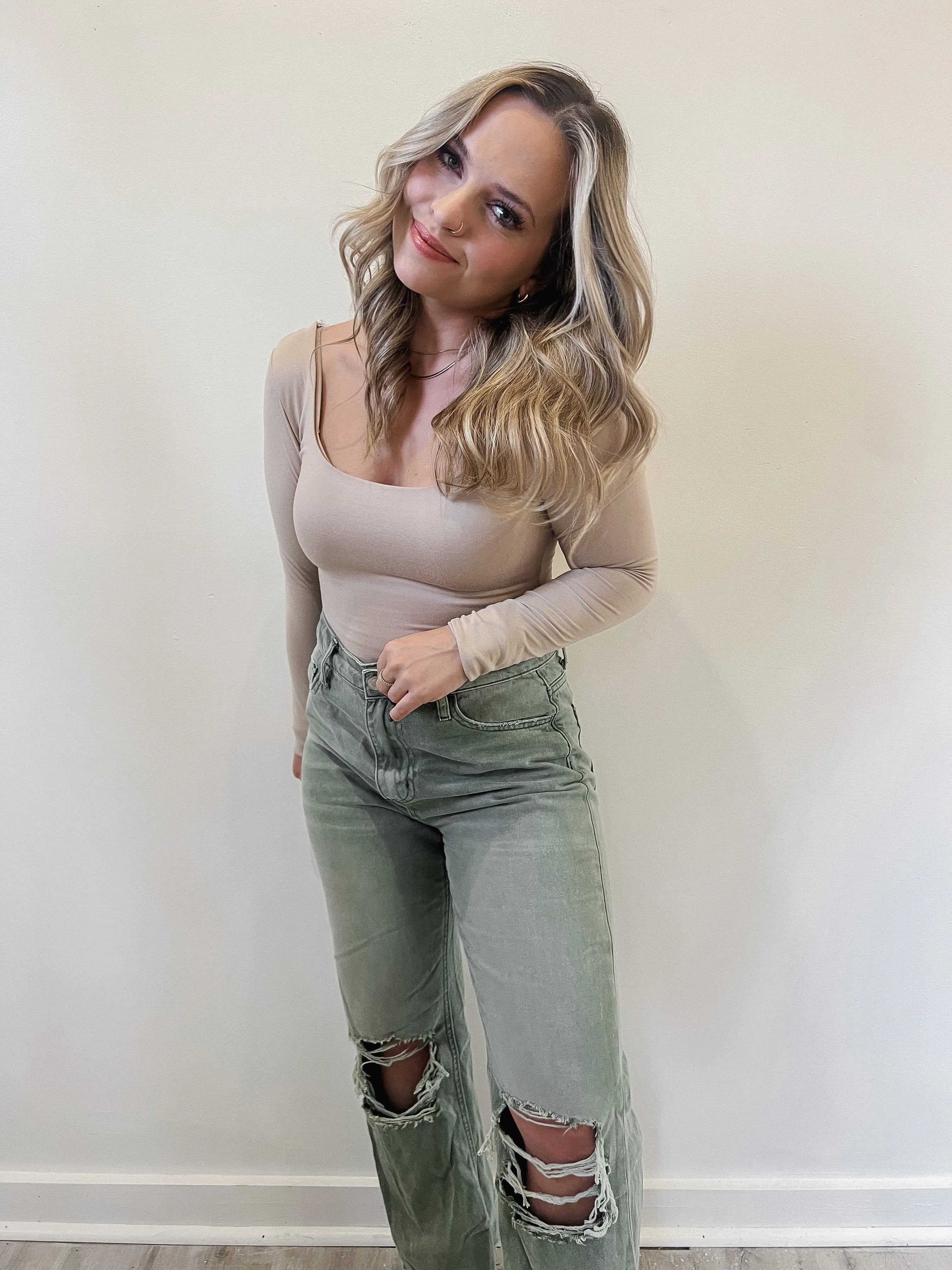 Like Butter Scoop Neck Bodysuit - Taupe