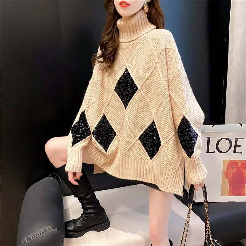 Loose High Neck Diamond Thickened Sweater