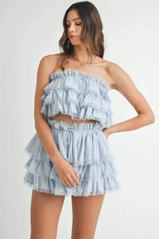 MABLE Ruffle Layered Crop Top and Mini Skirt Set
