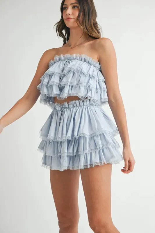 MABLE Ruffle Layered Crop Top and Mini Skirt Set