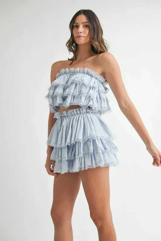 MABLE Ruffle Layered Crop Top and Mini Skirt Set