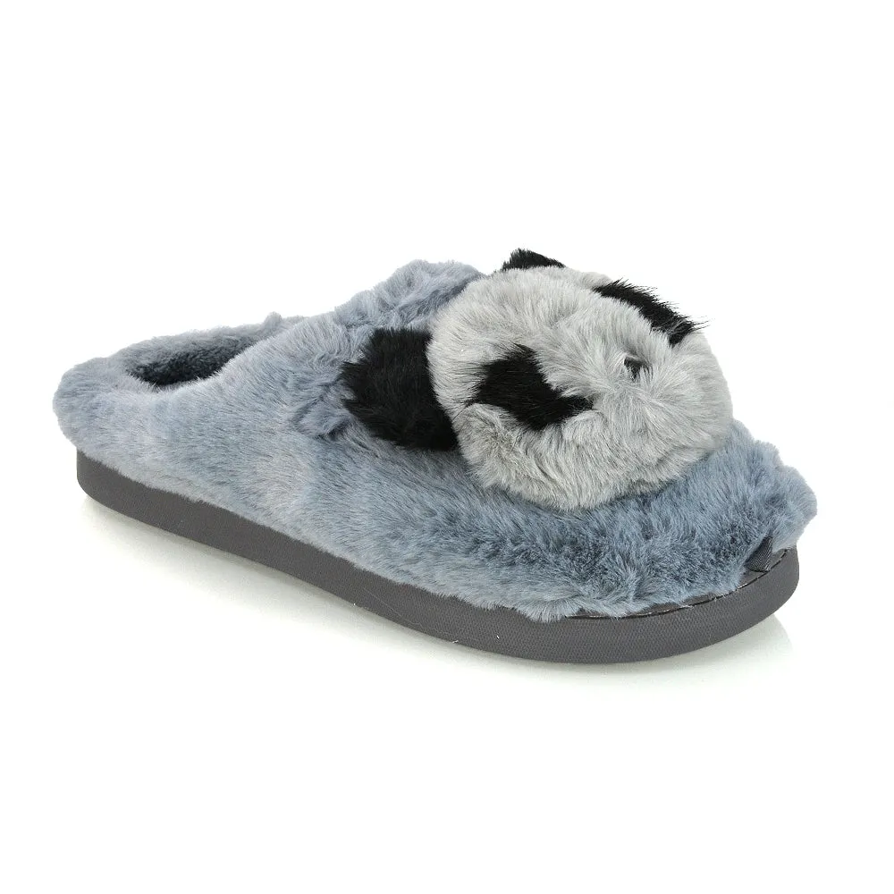 Maddie Fluffy Faux Fur Closed Toe Slip on Flat Panda Slipper Slides in Grey