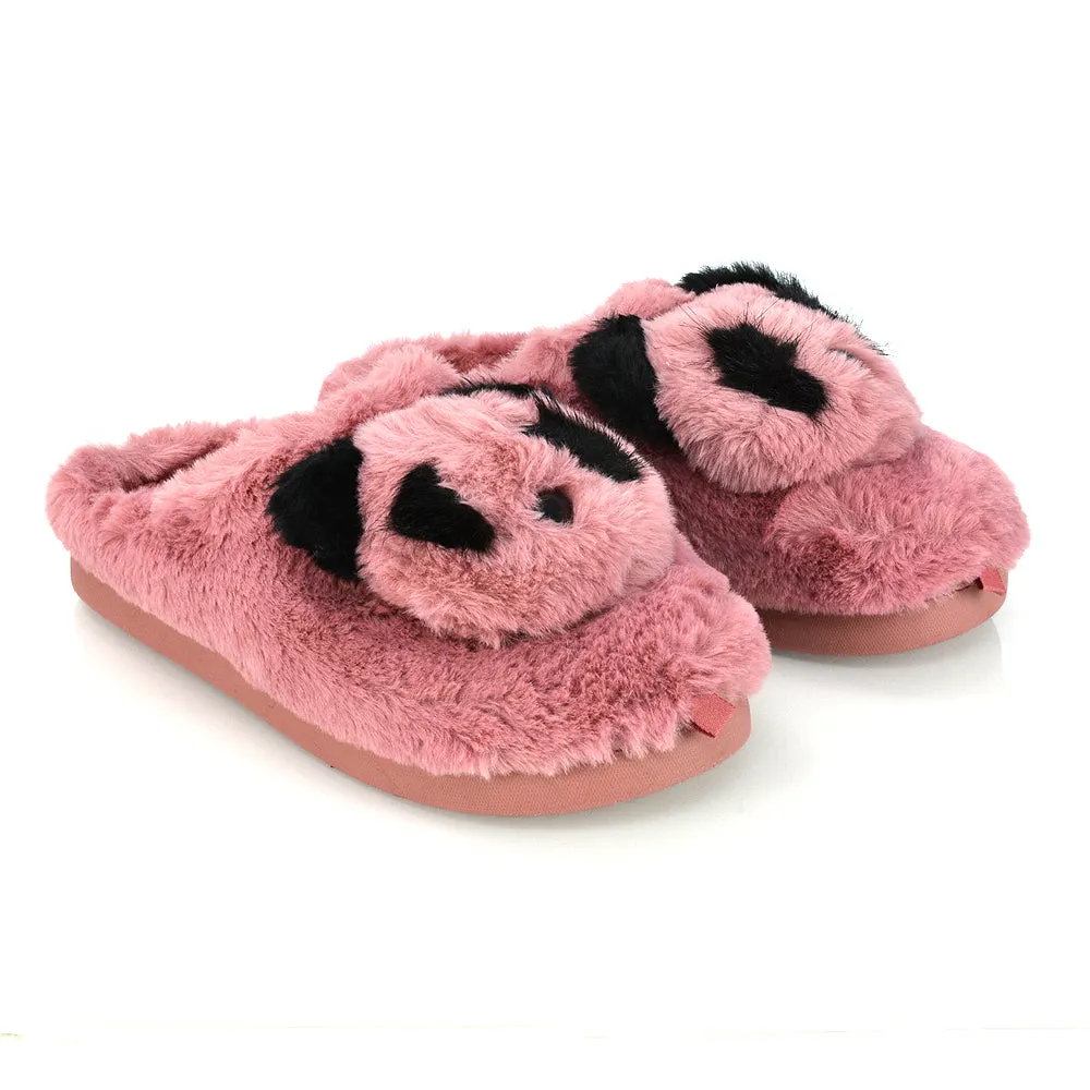 Maddie Fluffy Faux Fur Closed Toe Slip on Flat Panda Slipper Slides in Grey