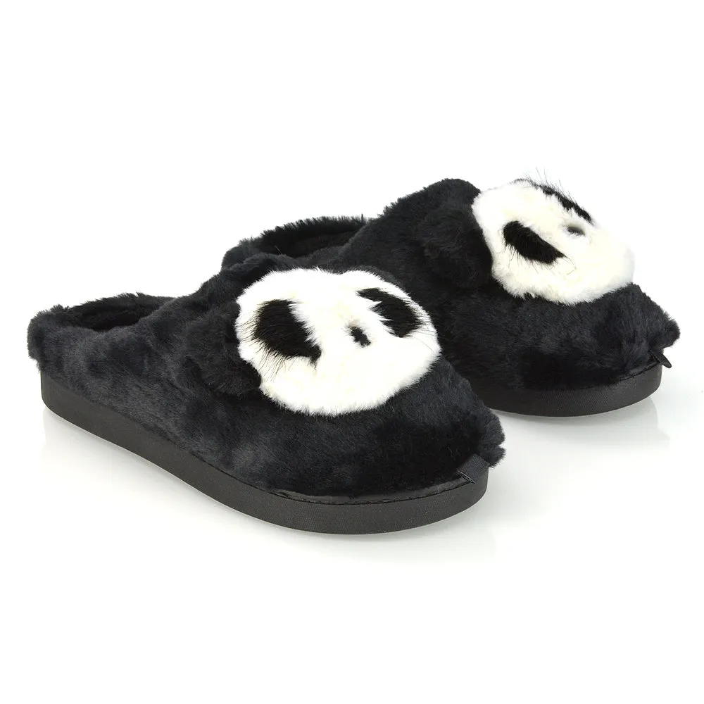 Maddie Fluffy Faux Fur Closed Toe Slip on Flat Panda Slipper Slides in Grey