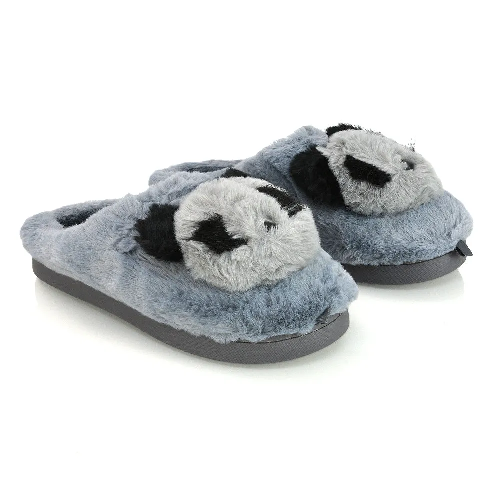 Maddie Fluffy Faux Fur Closed Toe Slip on Flat Panda Slipper Slides in Grey