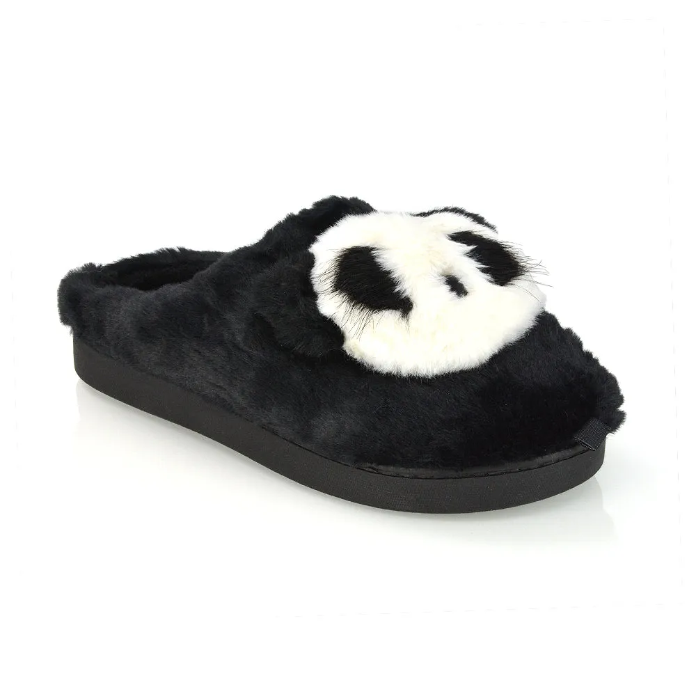 Maddie Fluffy Faux Fur Closed Toe Slip on Flat Panda Slipper Slides in Grey