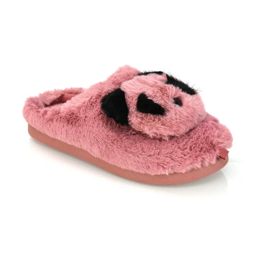 Maddie Fluffy Faux Fur Closed Toe Slip on Flat Panda Slipper Slides in Grey