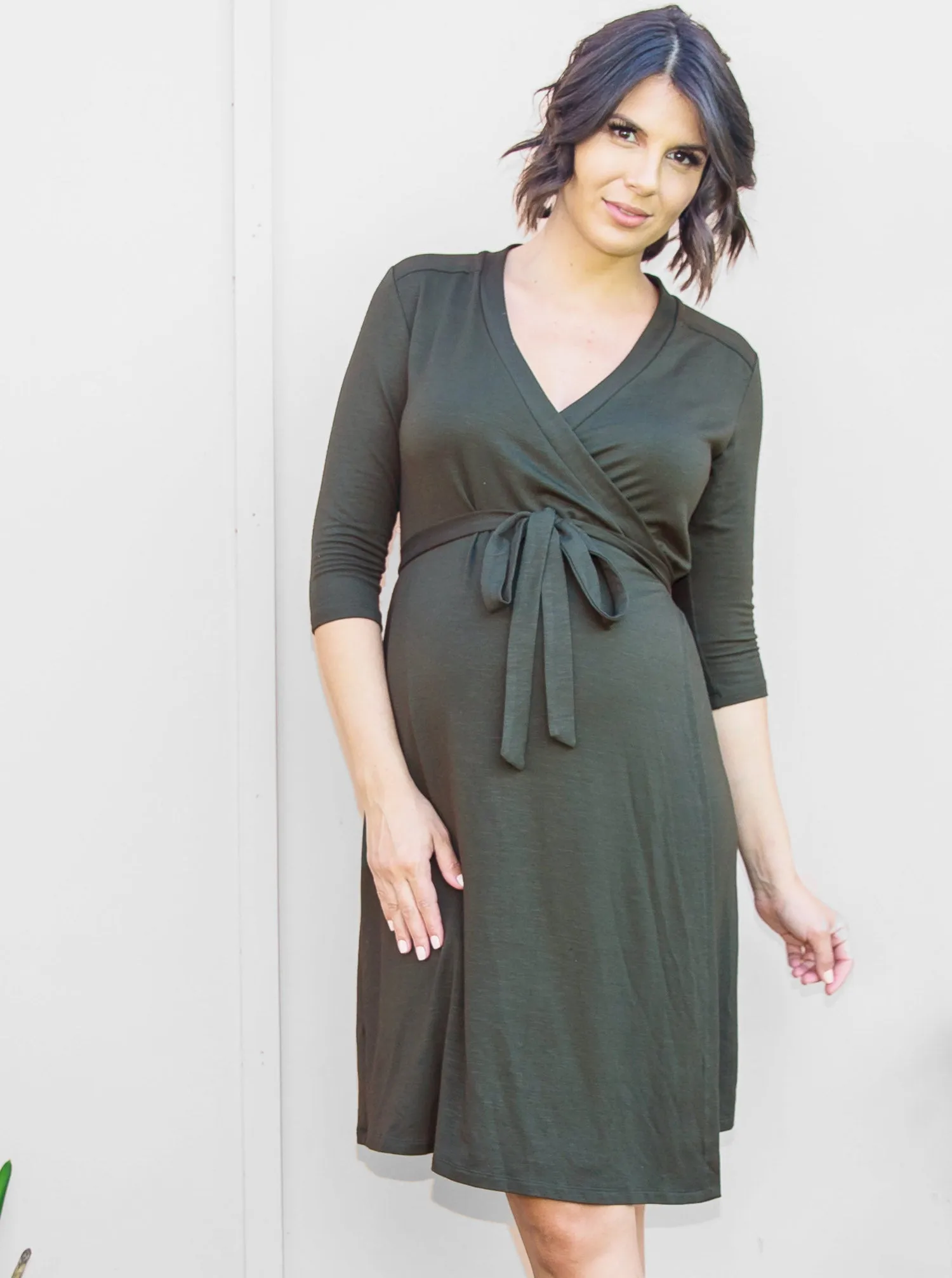Maternity Classic Wrap Feeding Dress in Khaki