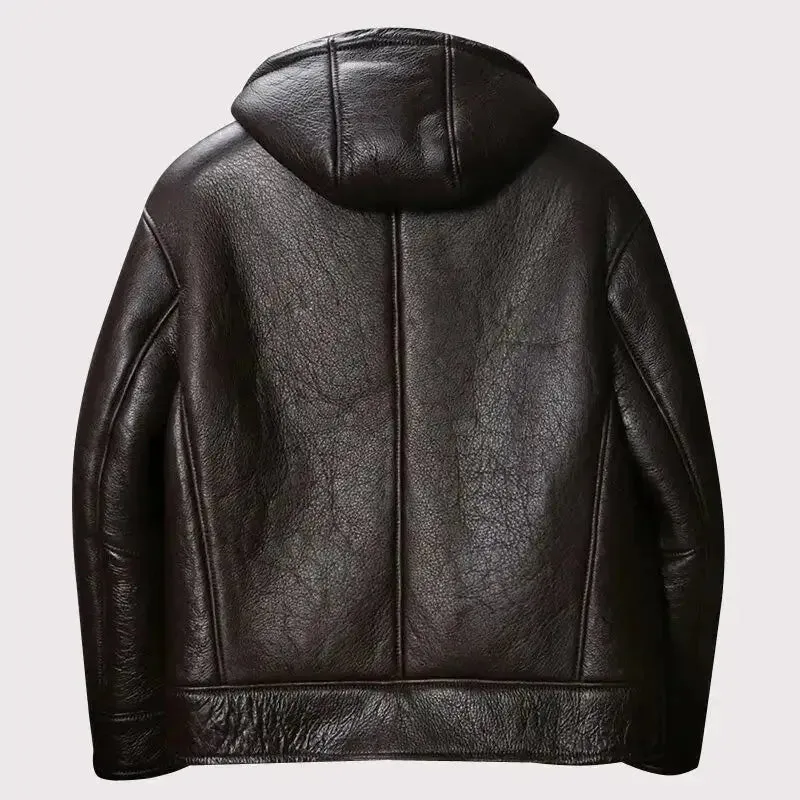 Men's Brown Hooded B3 Shearling Motorcycle Jacket