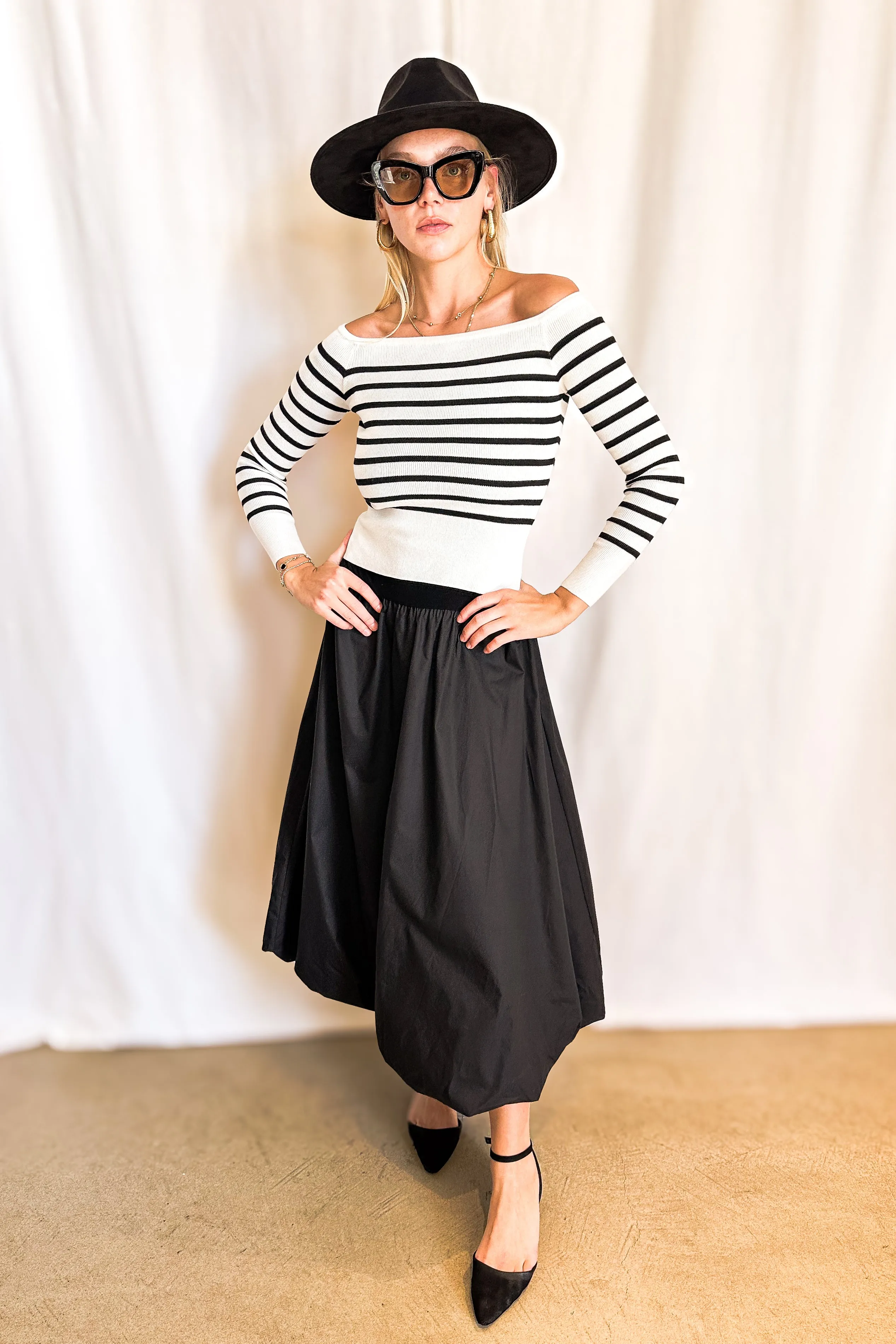 Mixed Textile Bubble Midi Cami Dress / Black