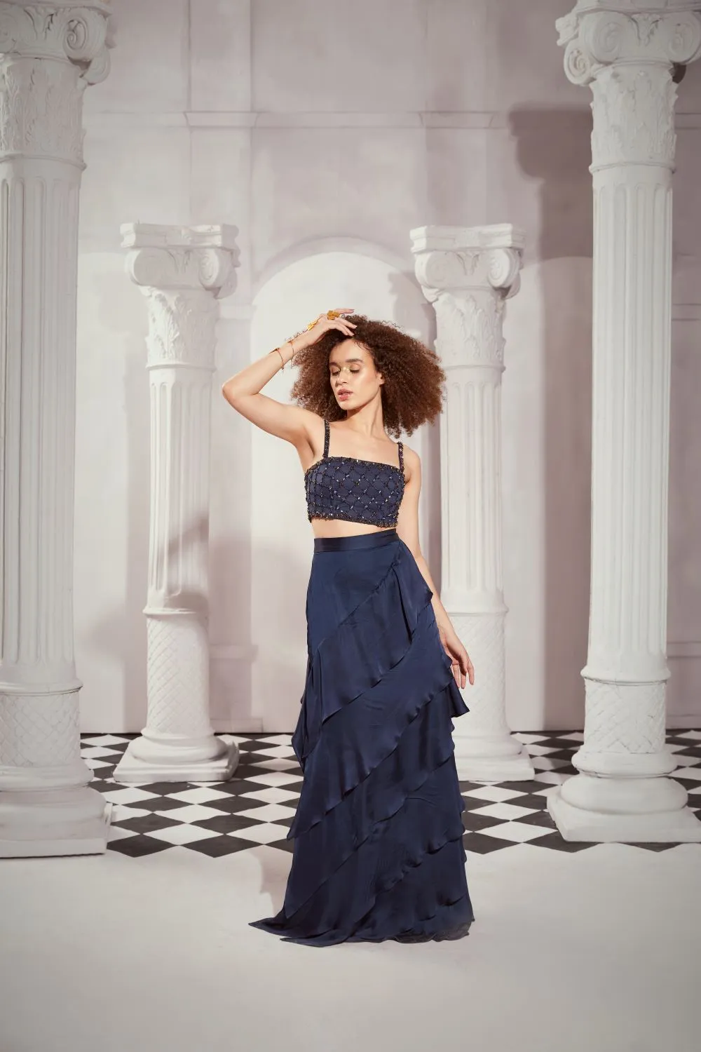 Navy Blue High Waist Layered Skirt