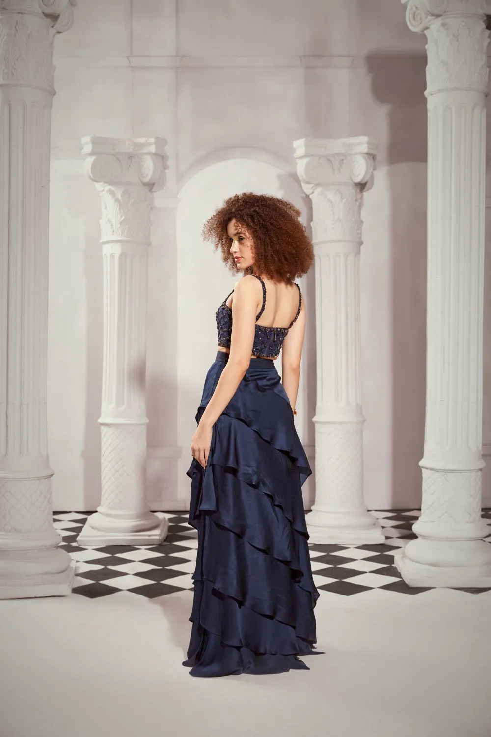 Navy Blue High Waist Layered Skirt