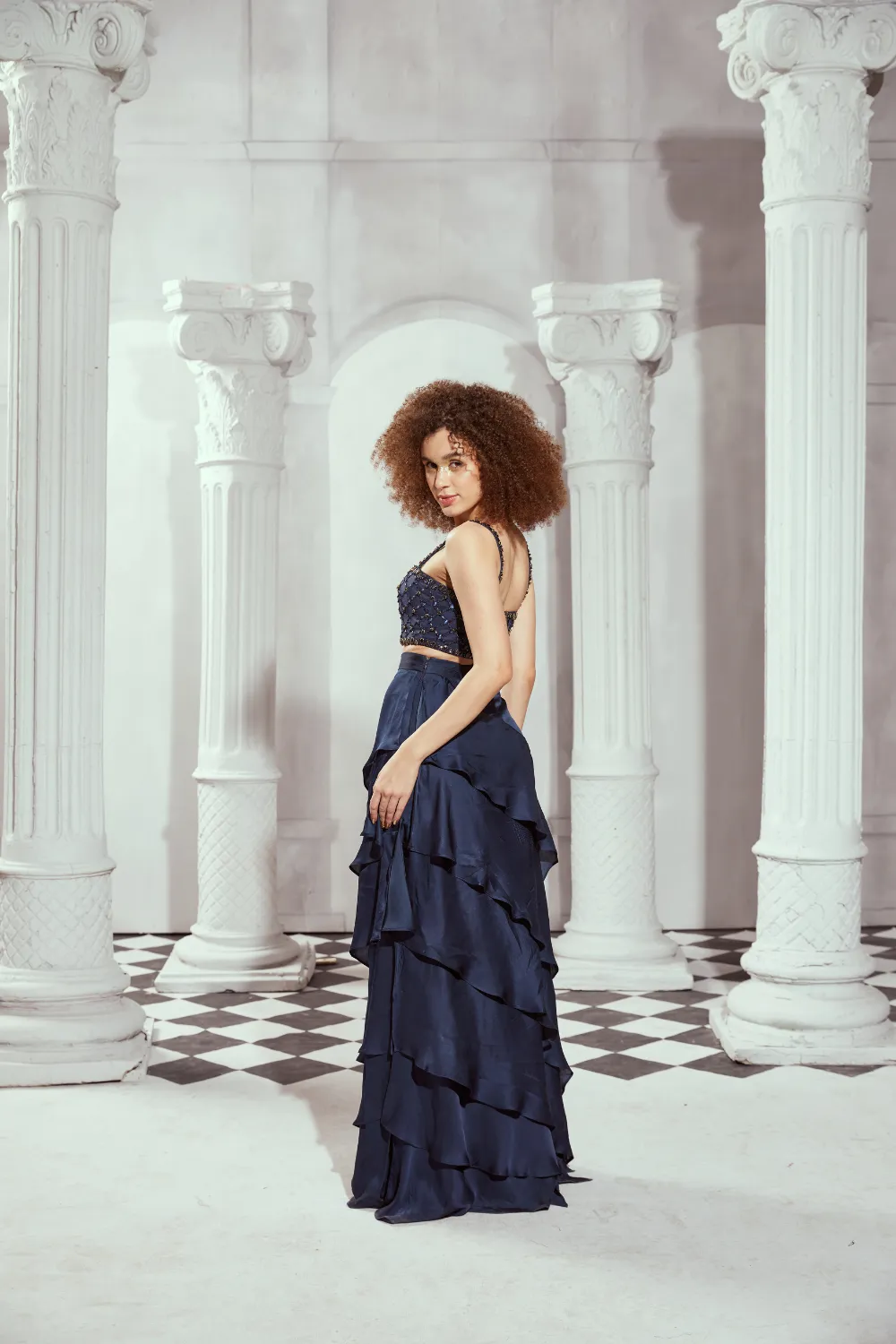 Navy Blue High Waist Layered Skirt