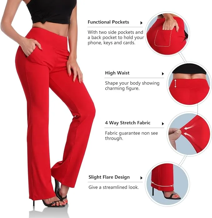 New DAYOUNG Womens Bootcut Yoga Pants with Inner Pockets,Long Bootleg Flare Tummy Control Workout Running Pants Red Sz 2X Retails $92 
