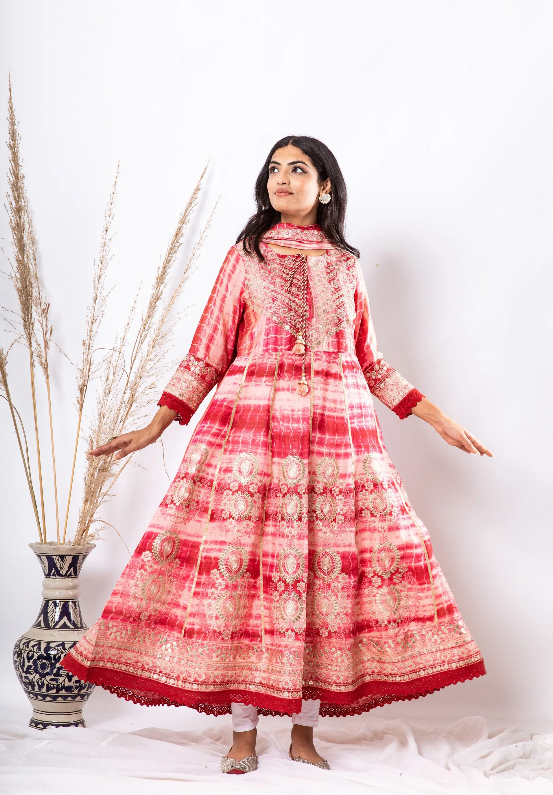Noor Women's Red Color Silk Flared Kurta Pant Dupatta With Fancy Potli