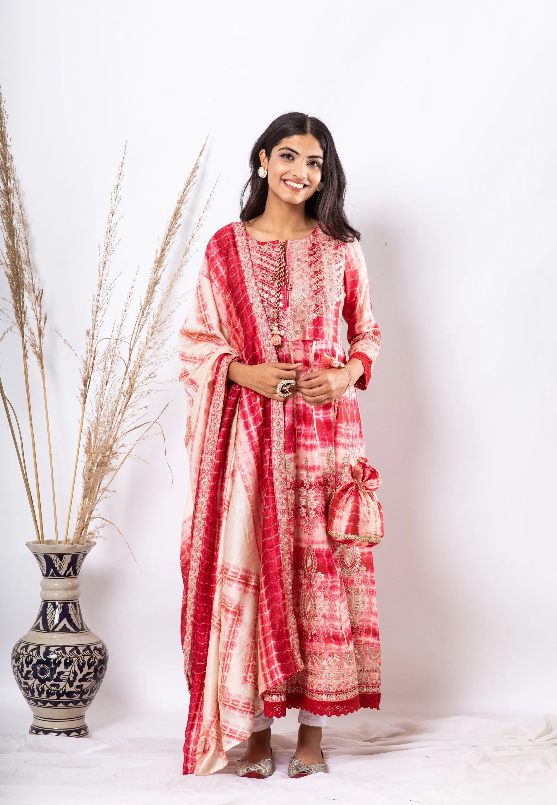 Noor Women's Red Color Silk Flared Kurta Pant Dupatta With Fancy Potli