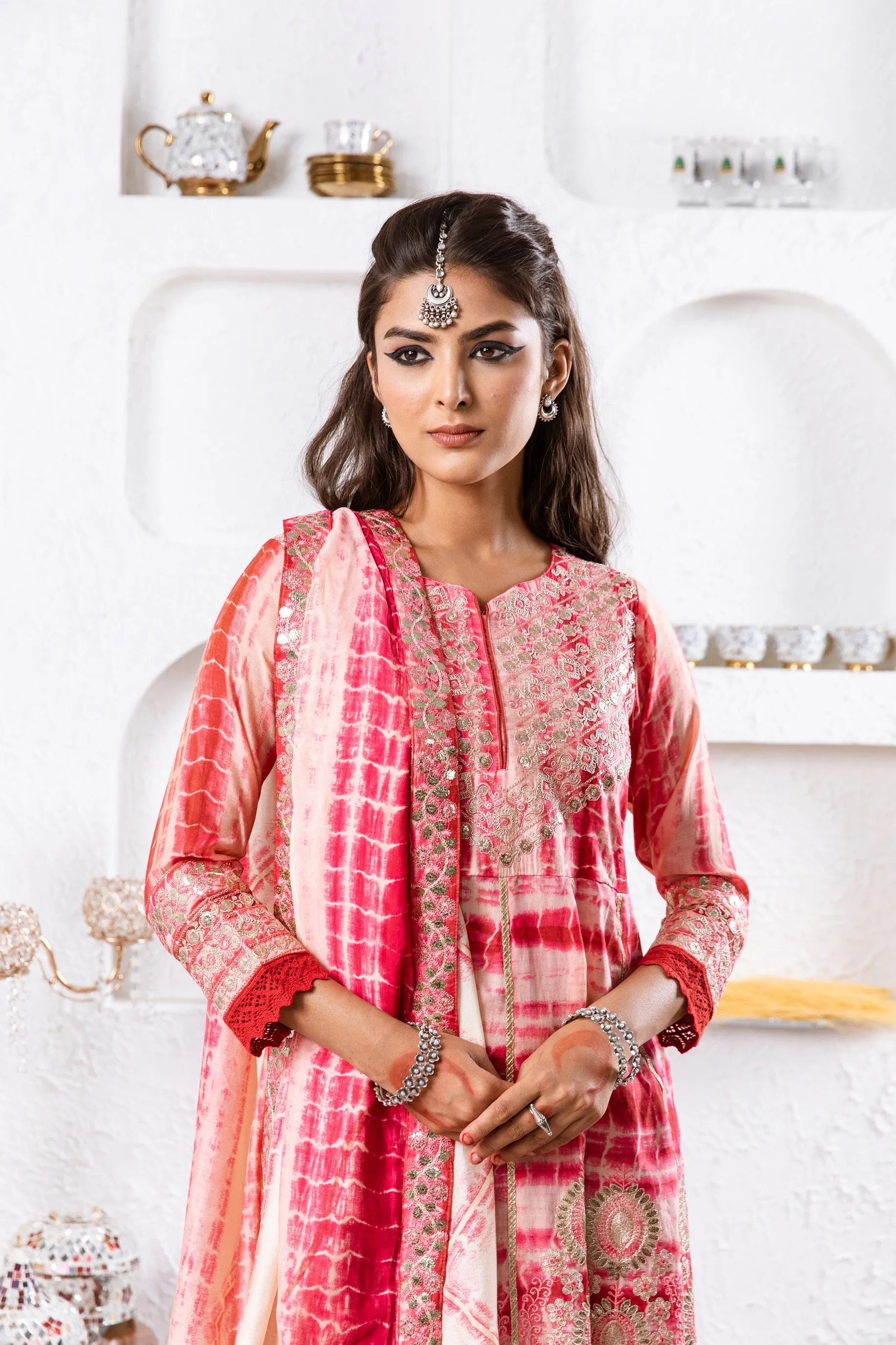 Noor Women's Red Color Silk Flared Kurta Pant Dupatta With Fancy Potli