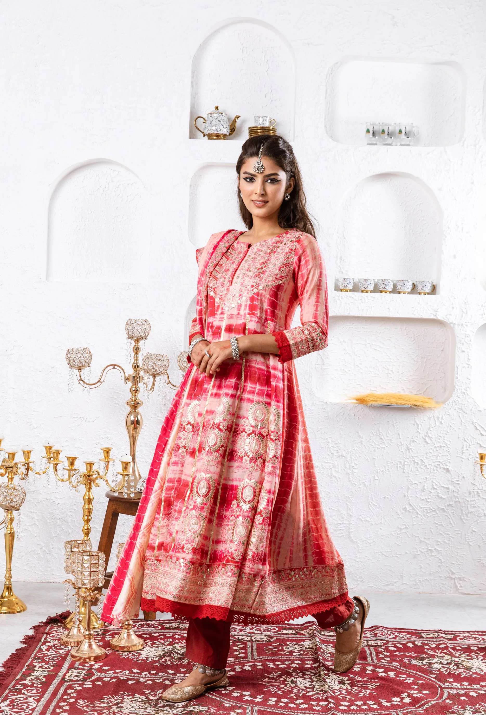 Noor Women's Red Color Silk Flared Kurta Pant Dupatta With Fancy Potli