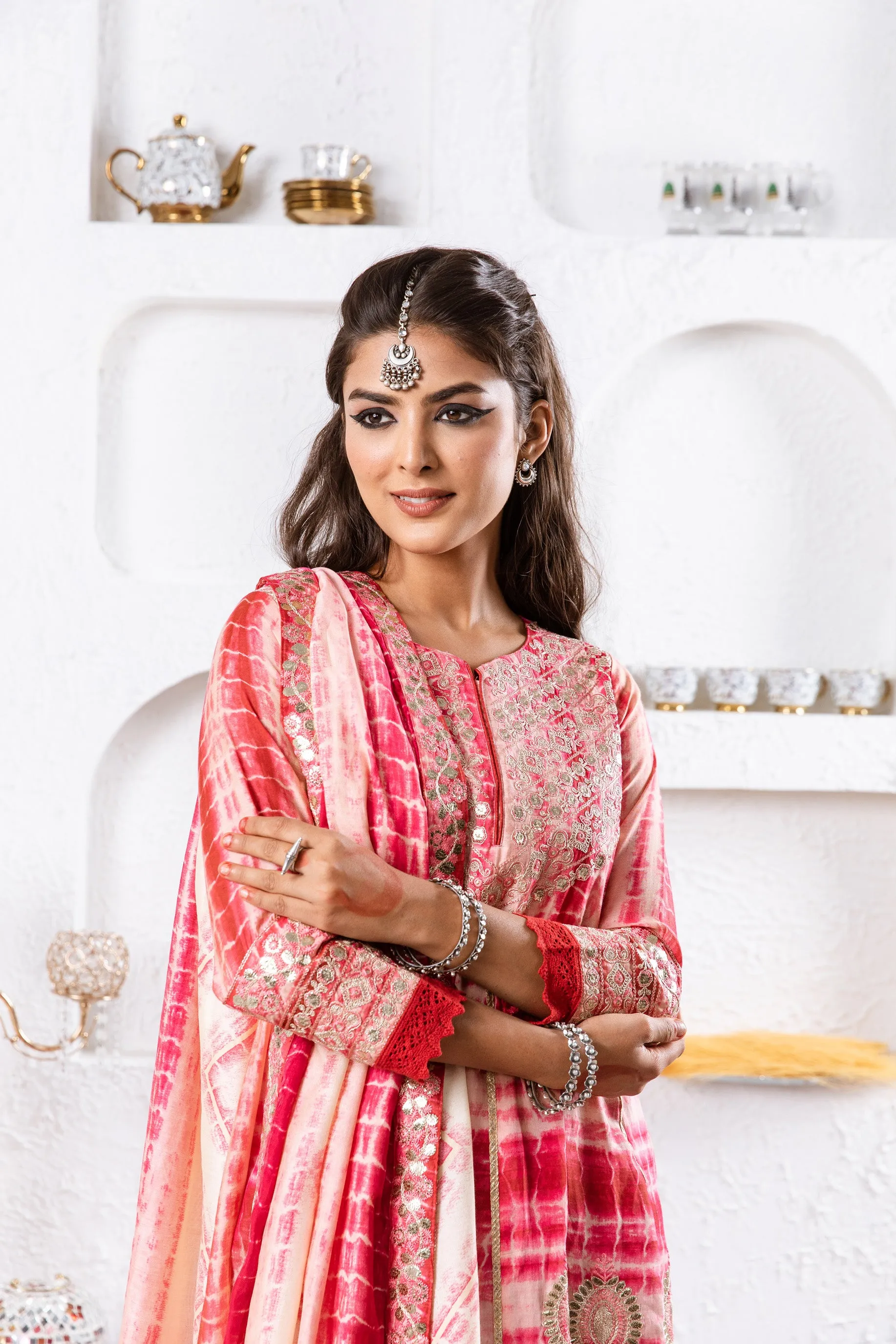 Noor Women's Red Color Silk Flared Kurta Pant Dupatta With Fancy Potli