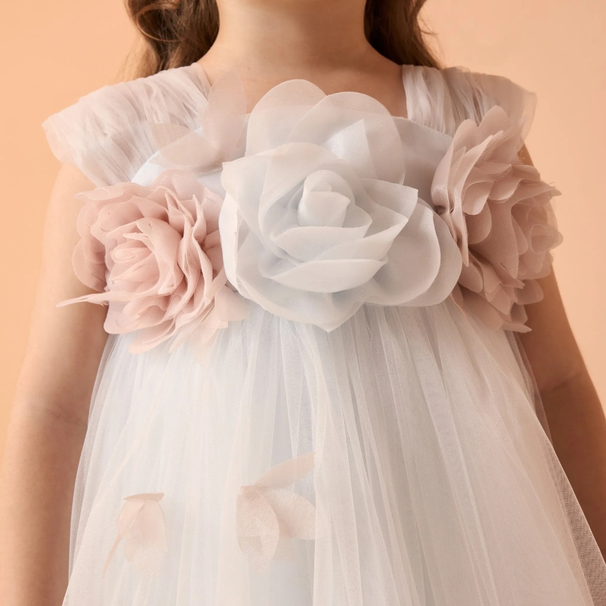 Off White Sleeveless Tulle Dress With Flowers