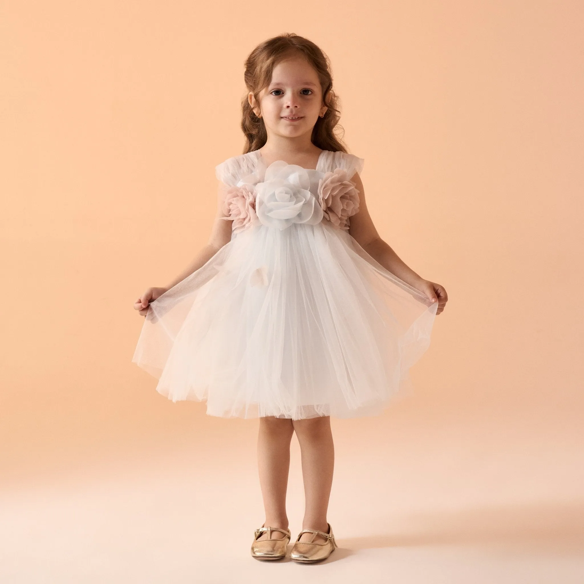 Off White Sleeveless Tulle Dress With Flowers