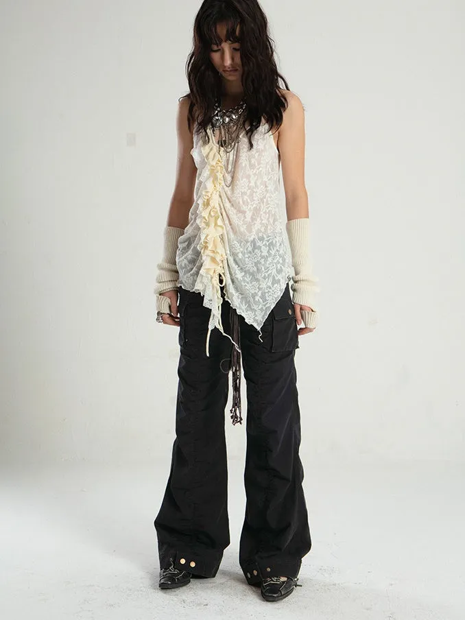 Old Washed Straight Flared Pleated Gather Pants