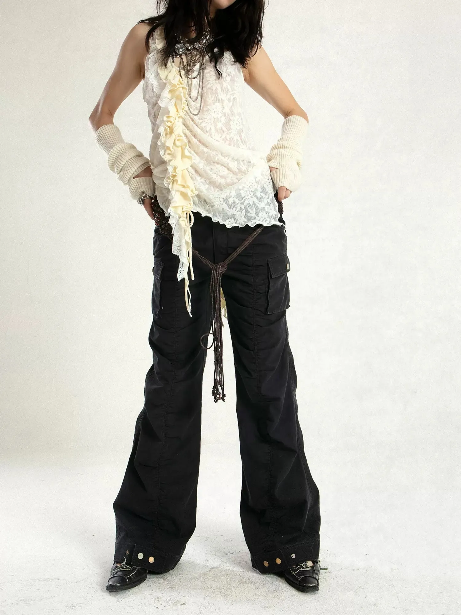 Old Washed Straight Flared Pleated Gather Pants