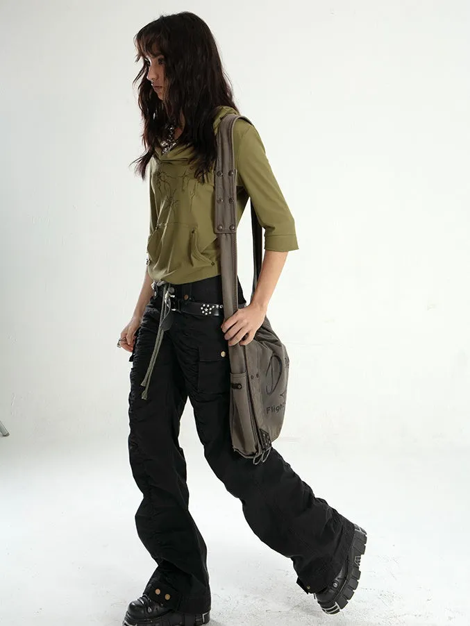 Old Washed Straight Flared Pleated Gather Pants
