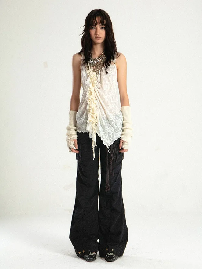 Old Washed Straight Flared Pleated Gather Pants