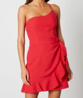 One Shoulder Faux Wrap Ruffle Hem Dress