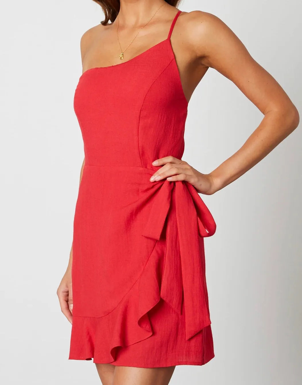 One Shoulder Faux Wrap Ruffle Hem Dress