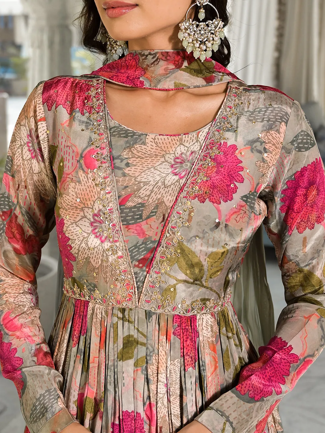 Pink Multi Digital Print Pure Crepe Long Party Dress With Dupatta