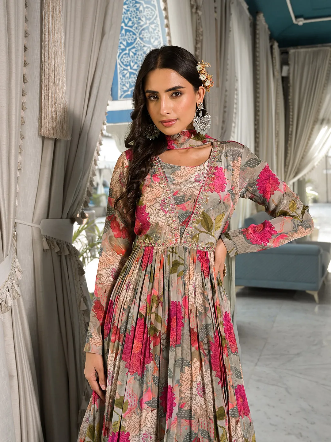 Pink Multi Digital Print Pure Crepe Long Party Dress With Dupatta