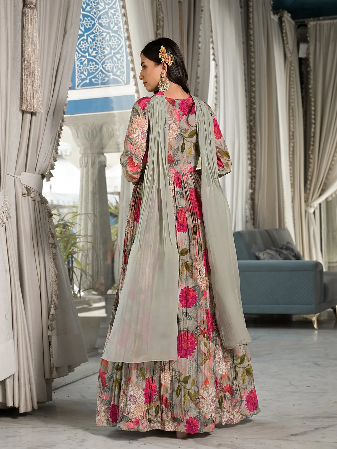 Pink Multi Digital Print Pure Crepe Long Party Dress With Dupatta