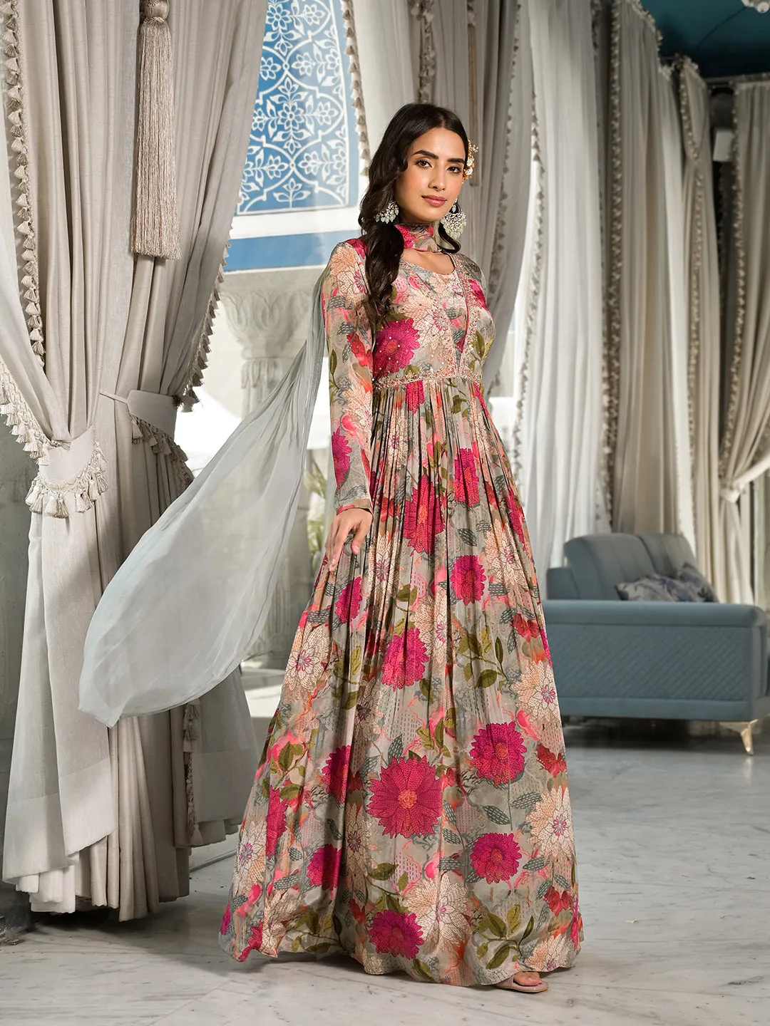Pink Multi Digital Print Pure Crepe Long Party Dress With Dupatta