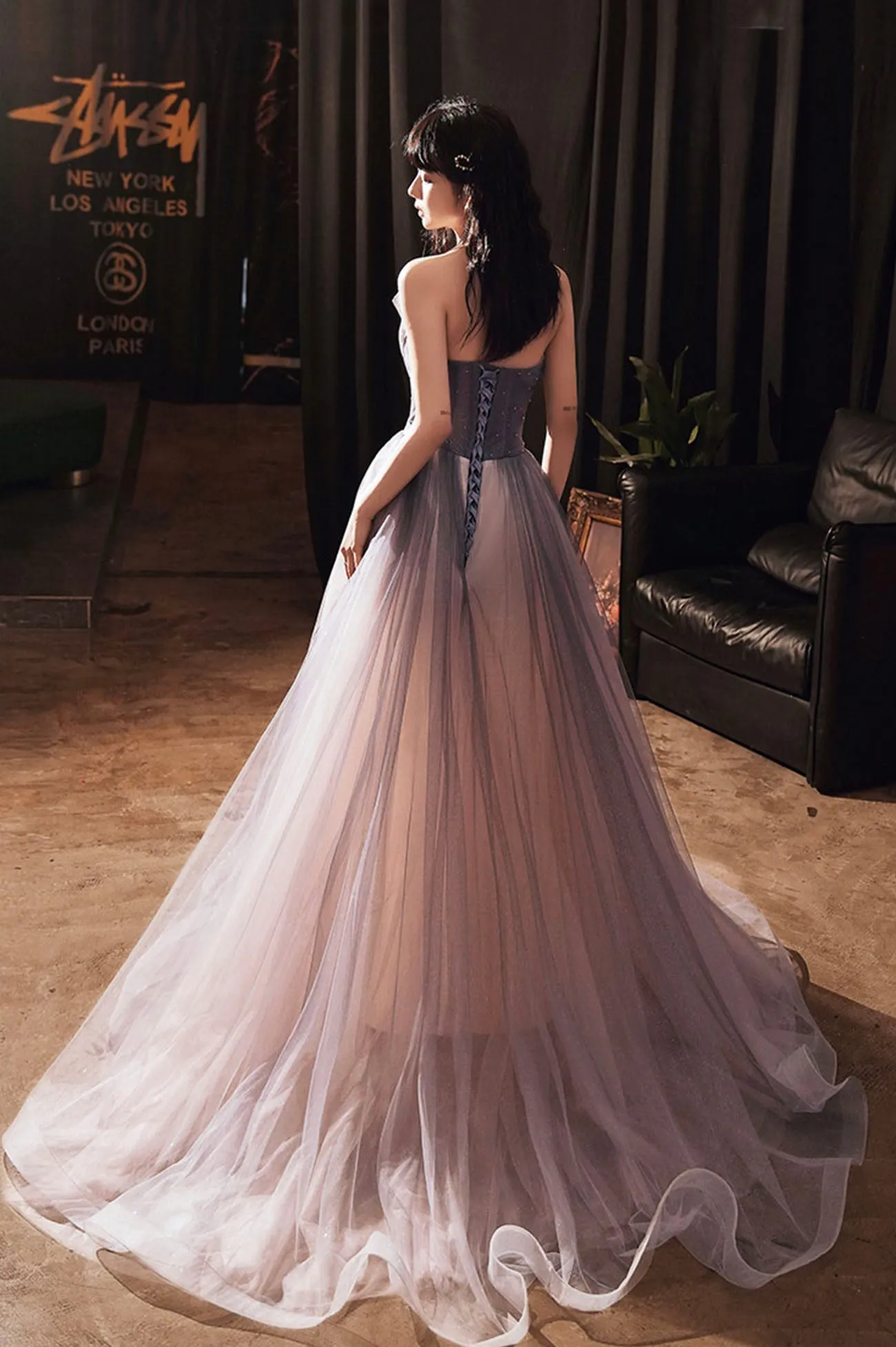 Purple Shiny Tulle Long A-Line Prom Dresses, Cute Strapless Graduation Dresses