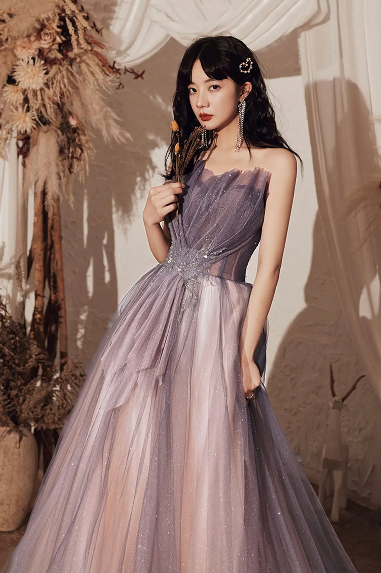 Purple Shiny Tulle Long A-Line Prom Dresses, Cute Strapless Graduation Dresses