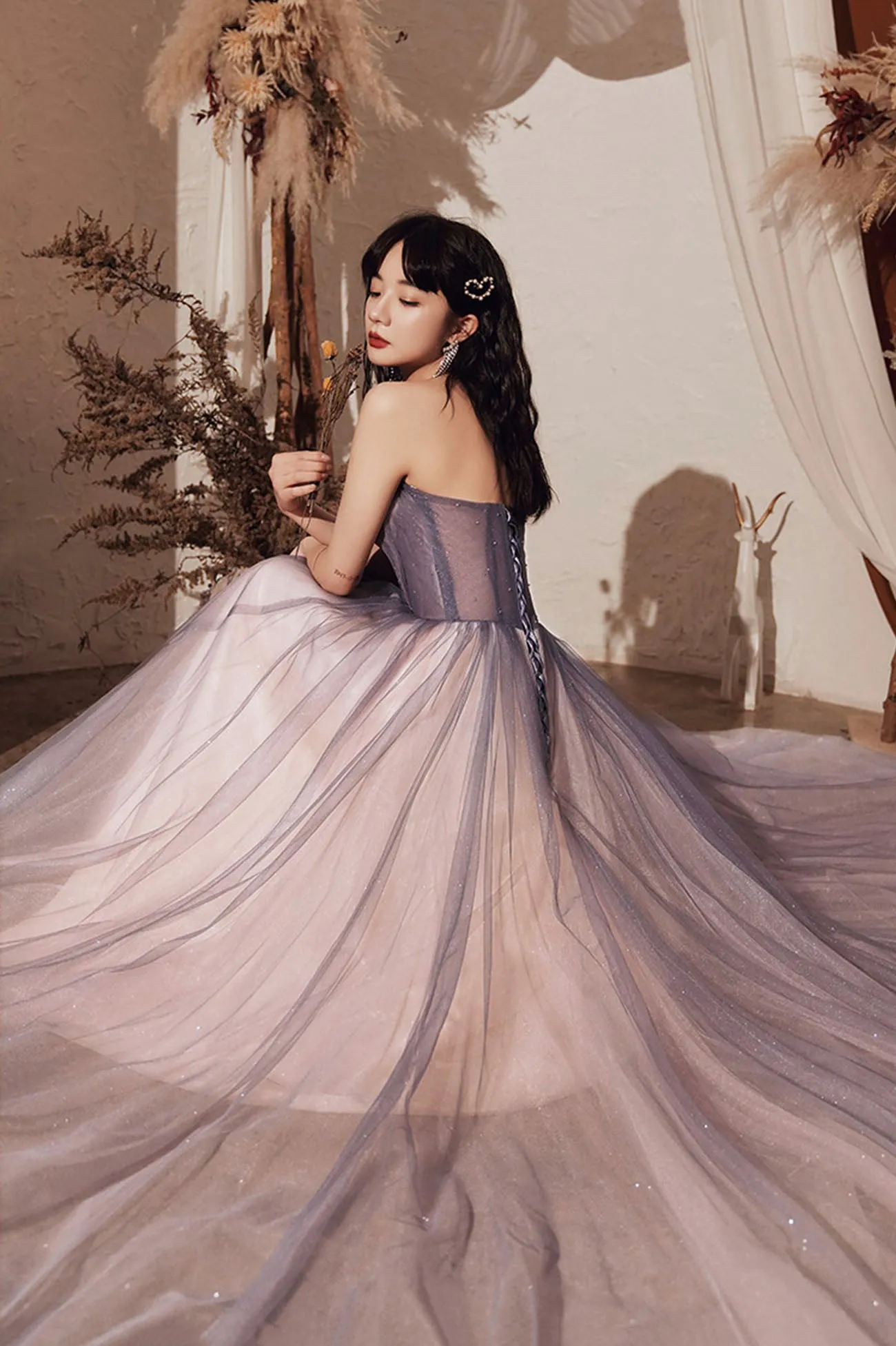 Purple Shiny Tulle Long A-Line Prom Dresses, Cute Strapless Graduation Dresses
