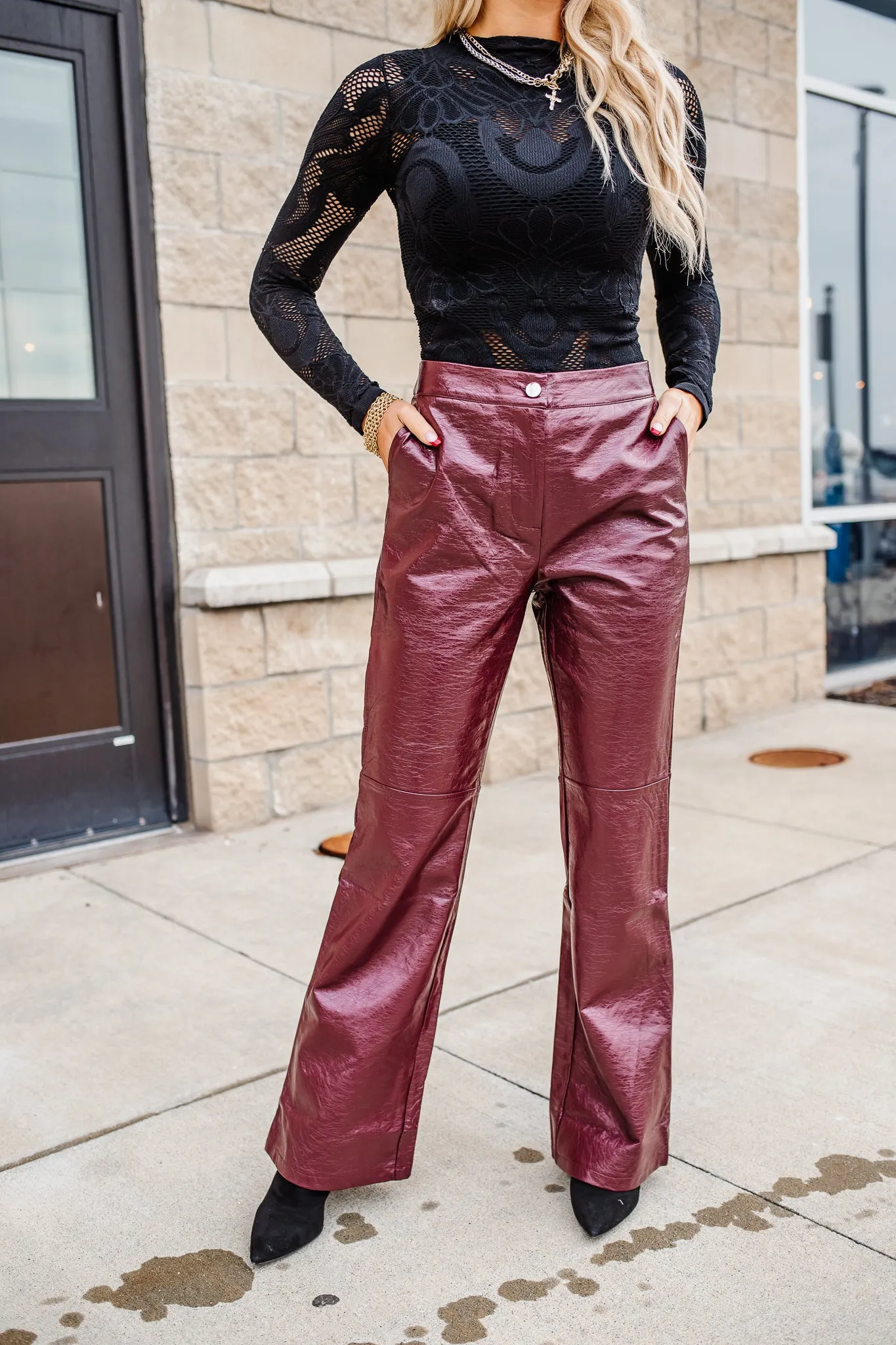 Quincy Flared Leather Trousers - Burgundy - FINAL SALE