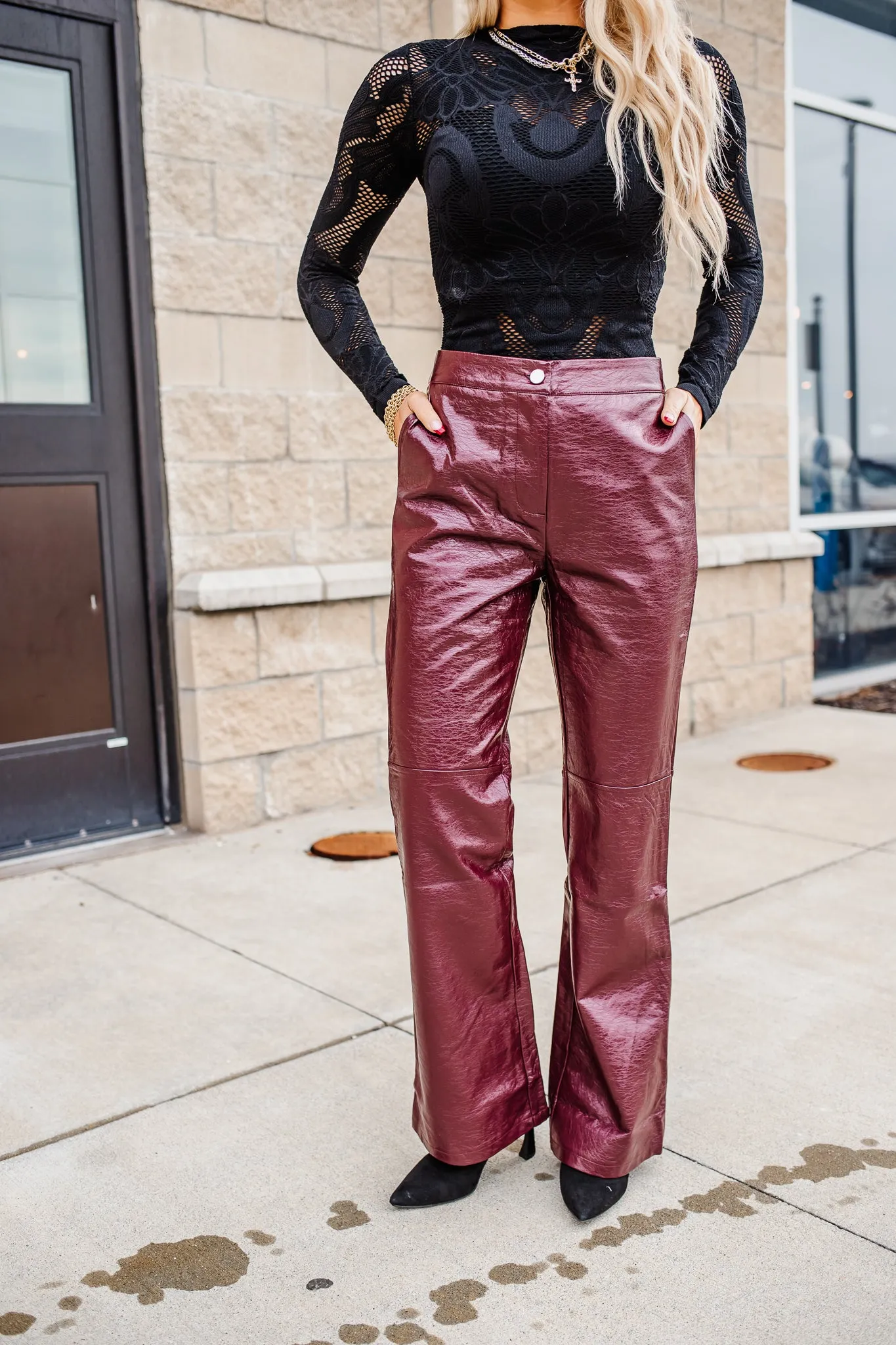 Quincy Flared Leather Trousers - Burgundy - FINAL SALE
