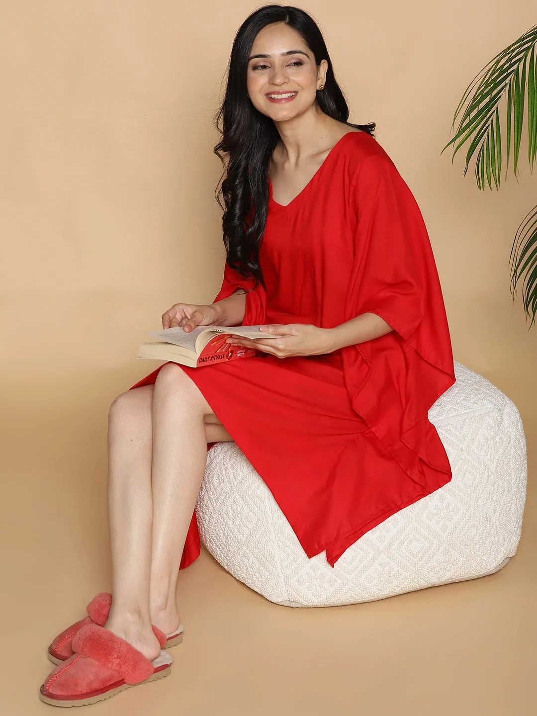 Red Rayon Kaftan - Reindeer