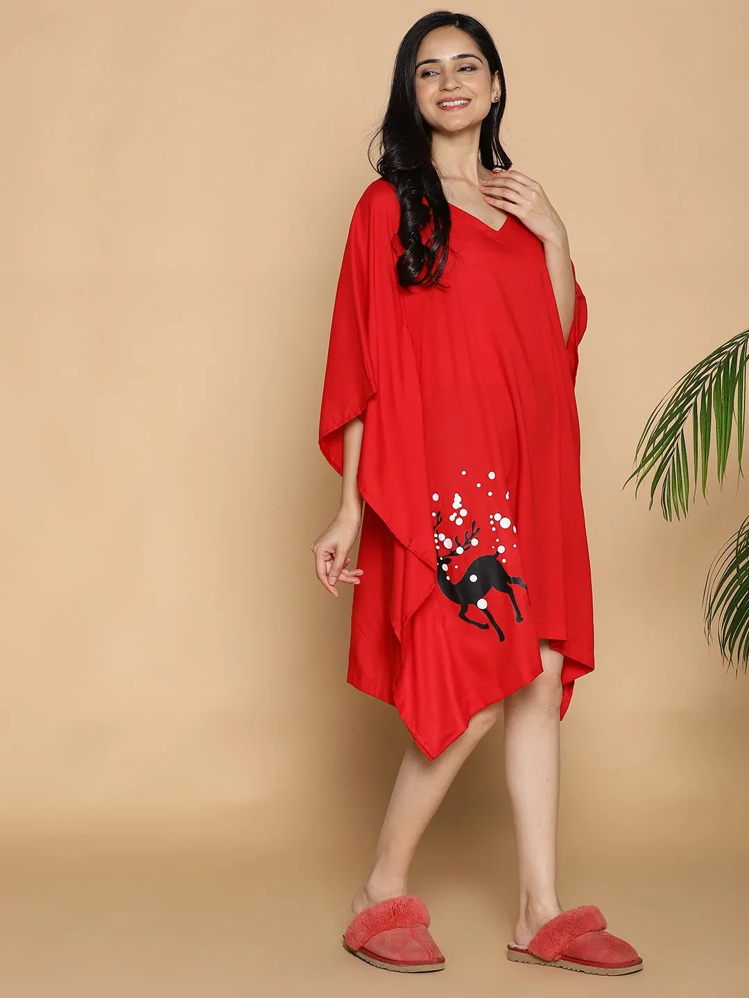 Red Rayon Kaftan - Reindeer