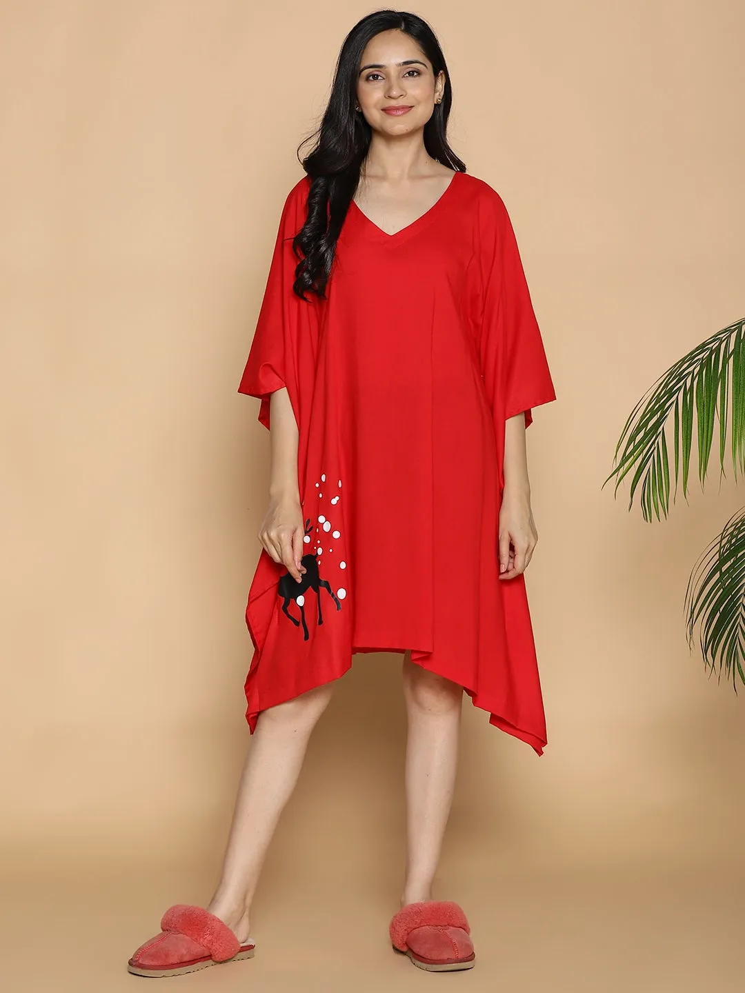 Red Rayon Kaftan - Reindeer