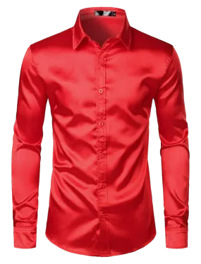 Red Shiny Satin Silk Dress Shirt Long Sleeve Casual Slim Fit