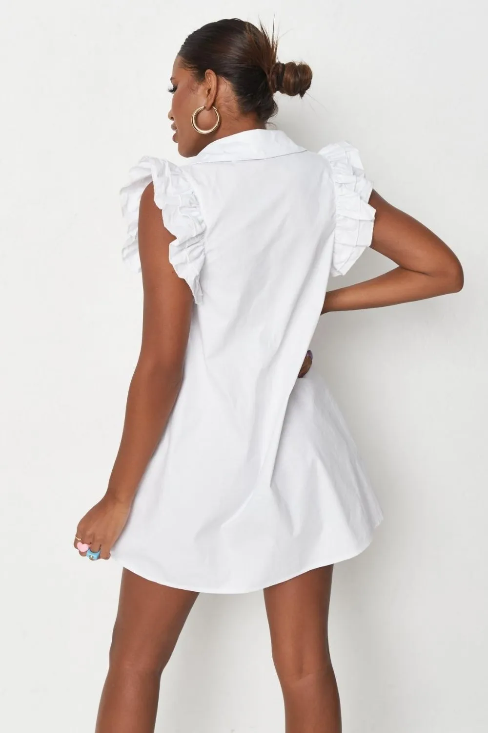 Ruffled sleeve Button Open Front White Mini Dress