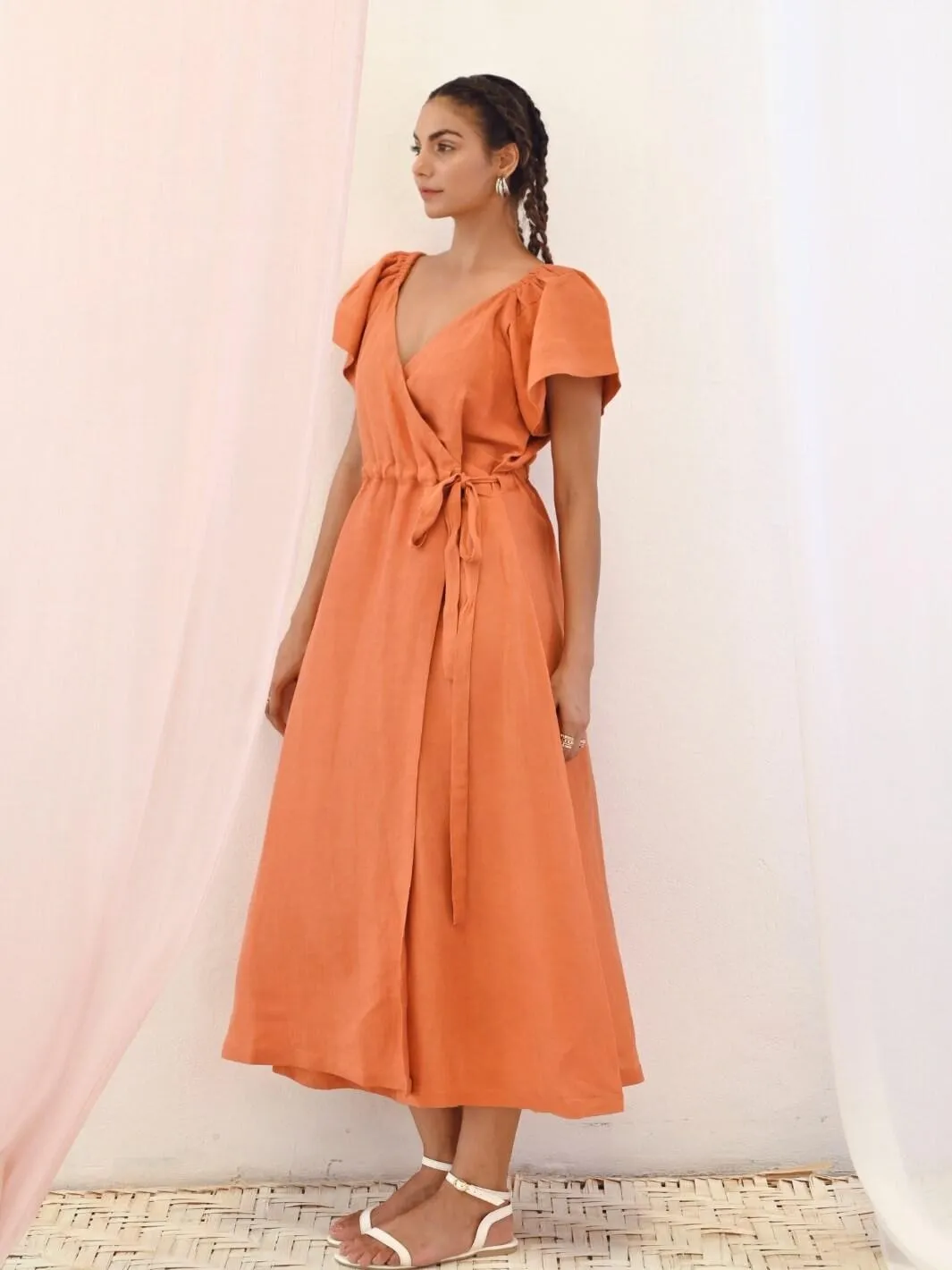 Rust Orange Linen Wrap Dress with Short Sleeves