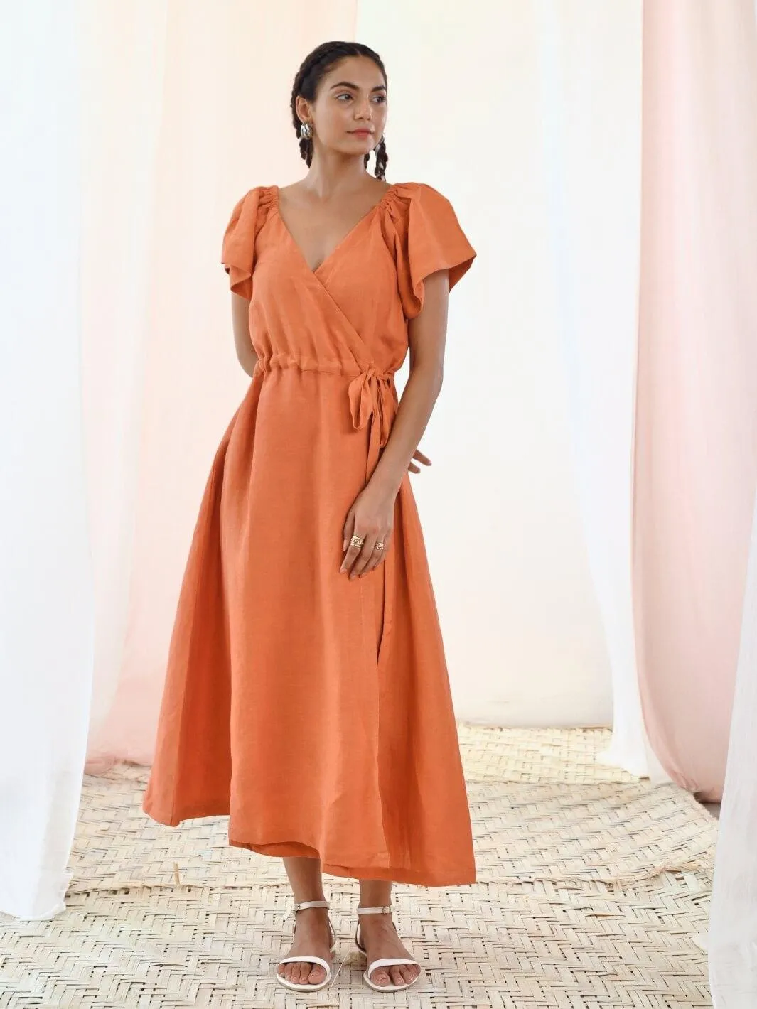 Rust Orange Linen Wrap Dress with Short Sleeves